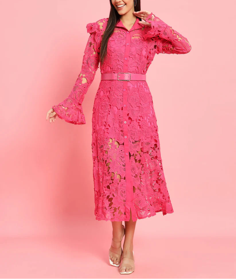 long-sleeve lace midi dress with ruffled shoulders – IVORIE