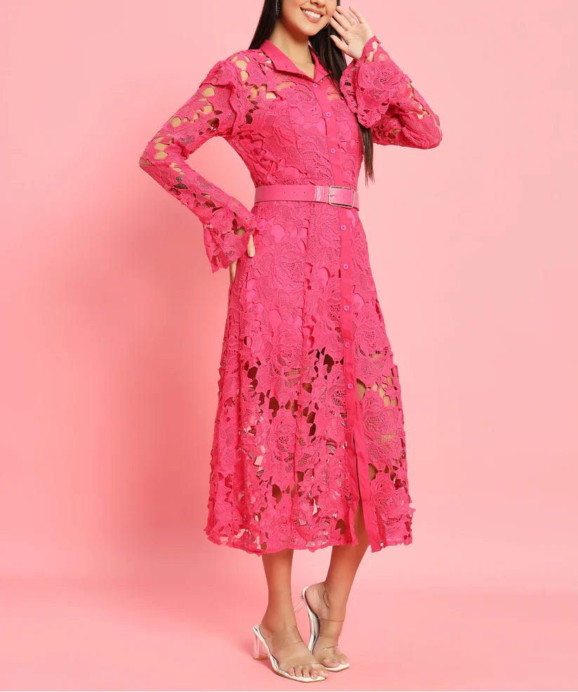 long-sleeve lace midi dress with ruffled shoulders – IVORIE