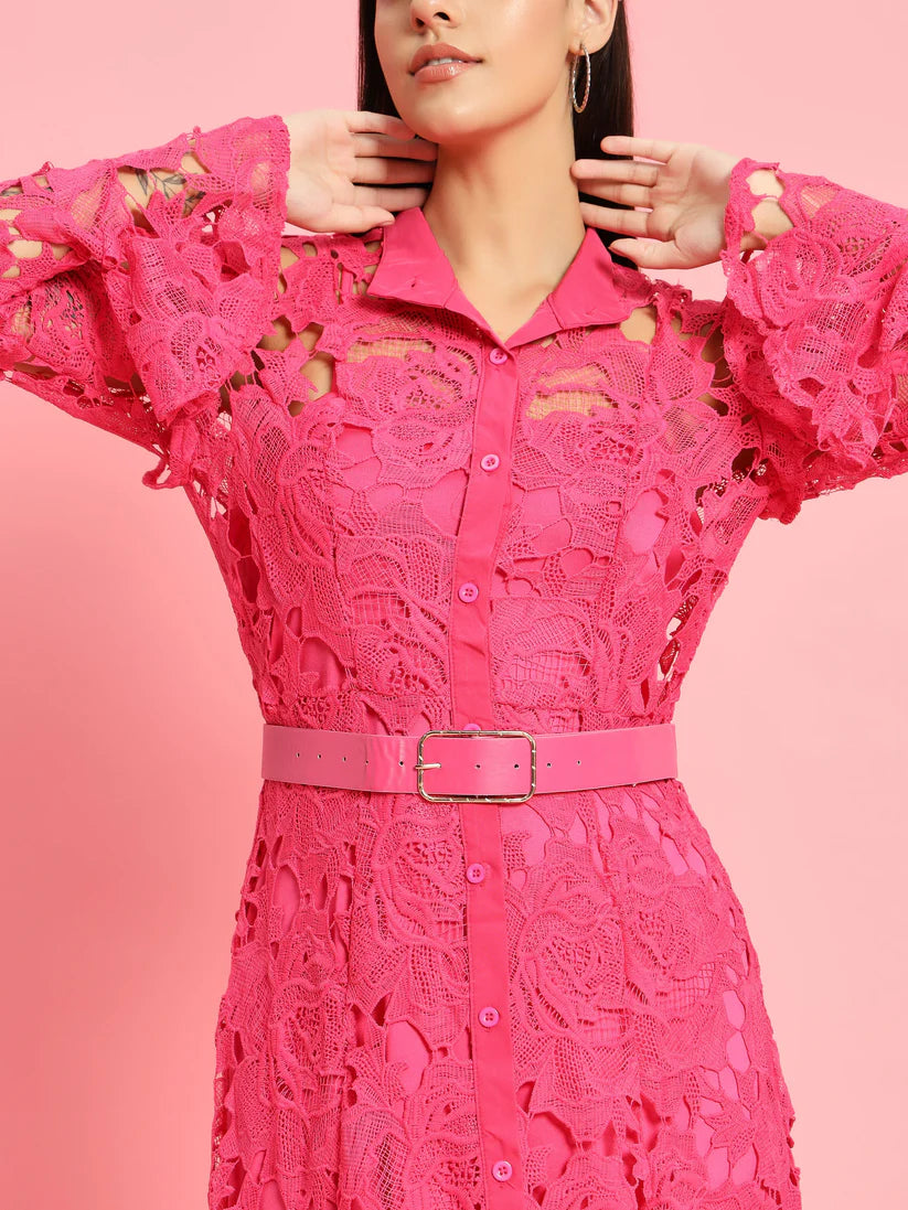 long-sleeve lace midi dress with ruffled shoulders – IVORIE