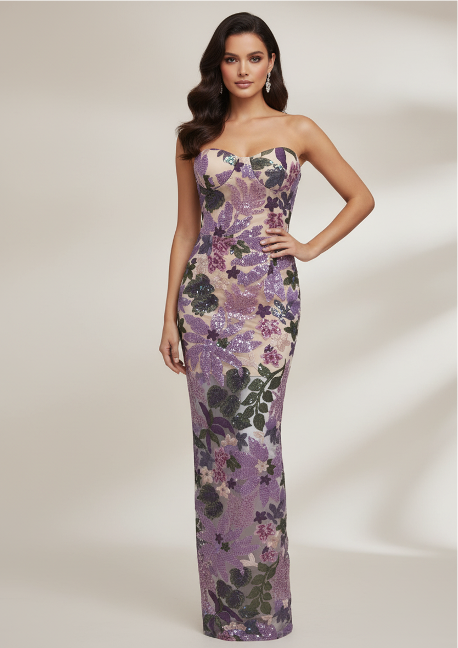 Strapless Floral Embroidered Mesh Gown – AURELIA