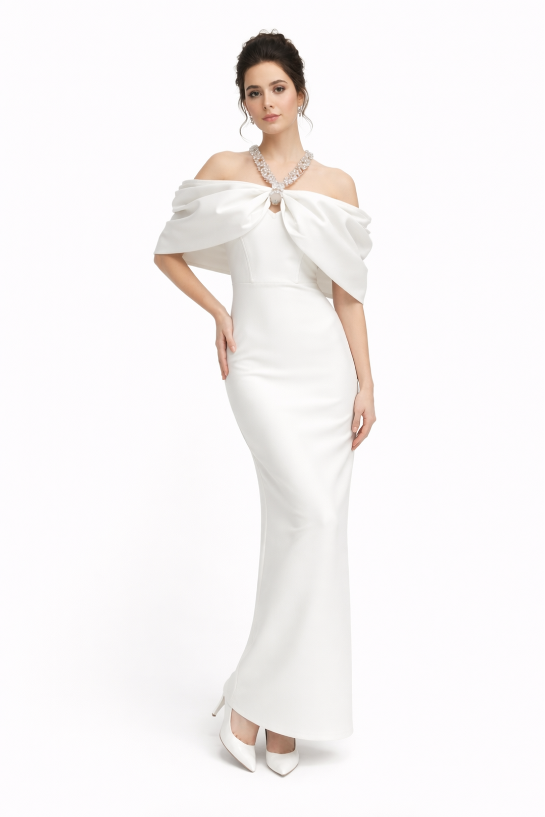 Crystal Halter Cape Gown – FUCHSIA