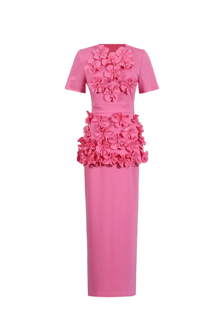 short-sleeve peplum suit with 3D floral appliqués – BLOOMIV