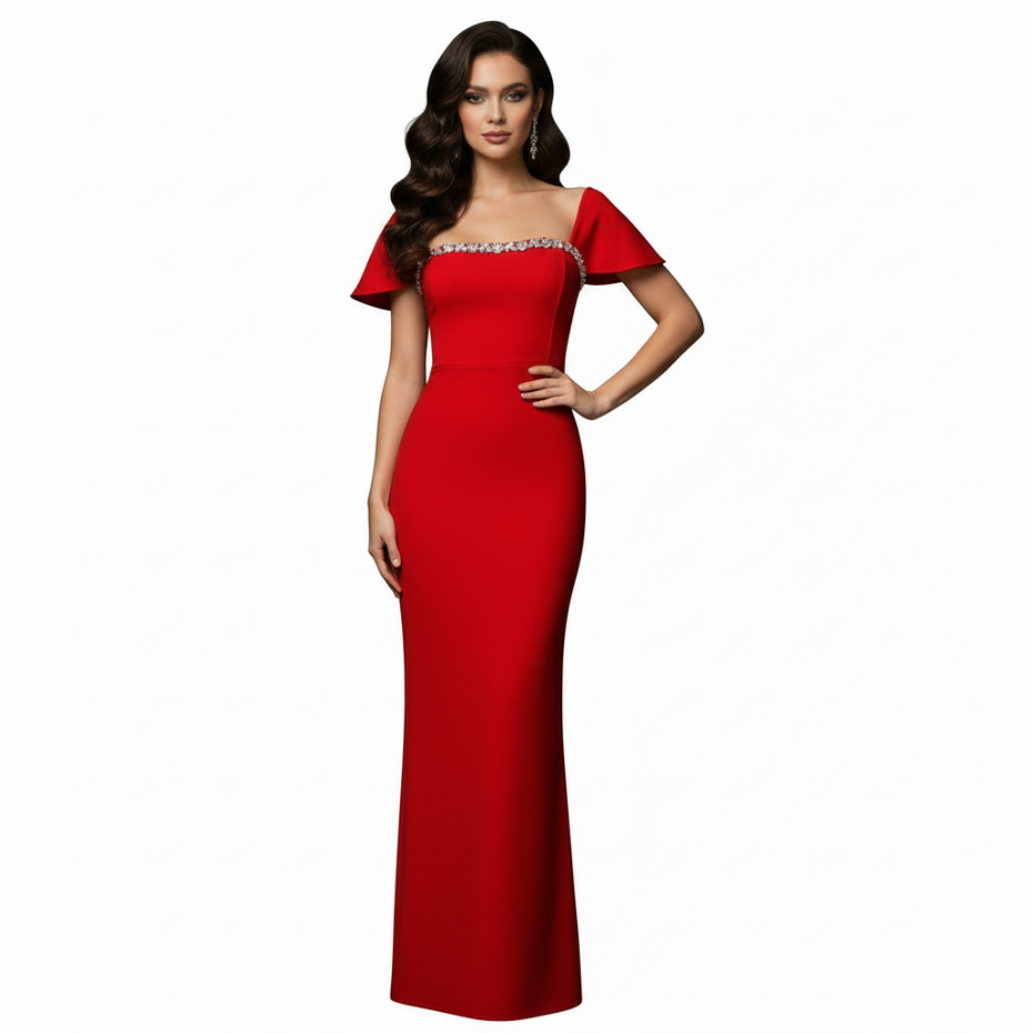 off-shoulder column dress with crystal neckline – AZURE