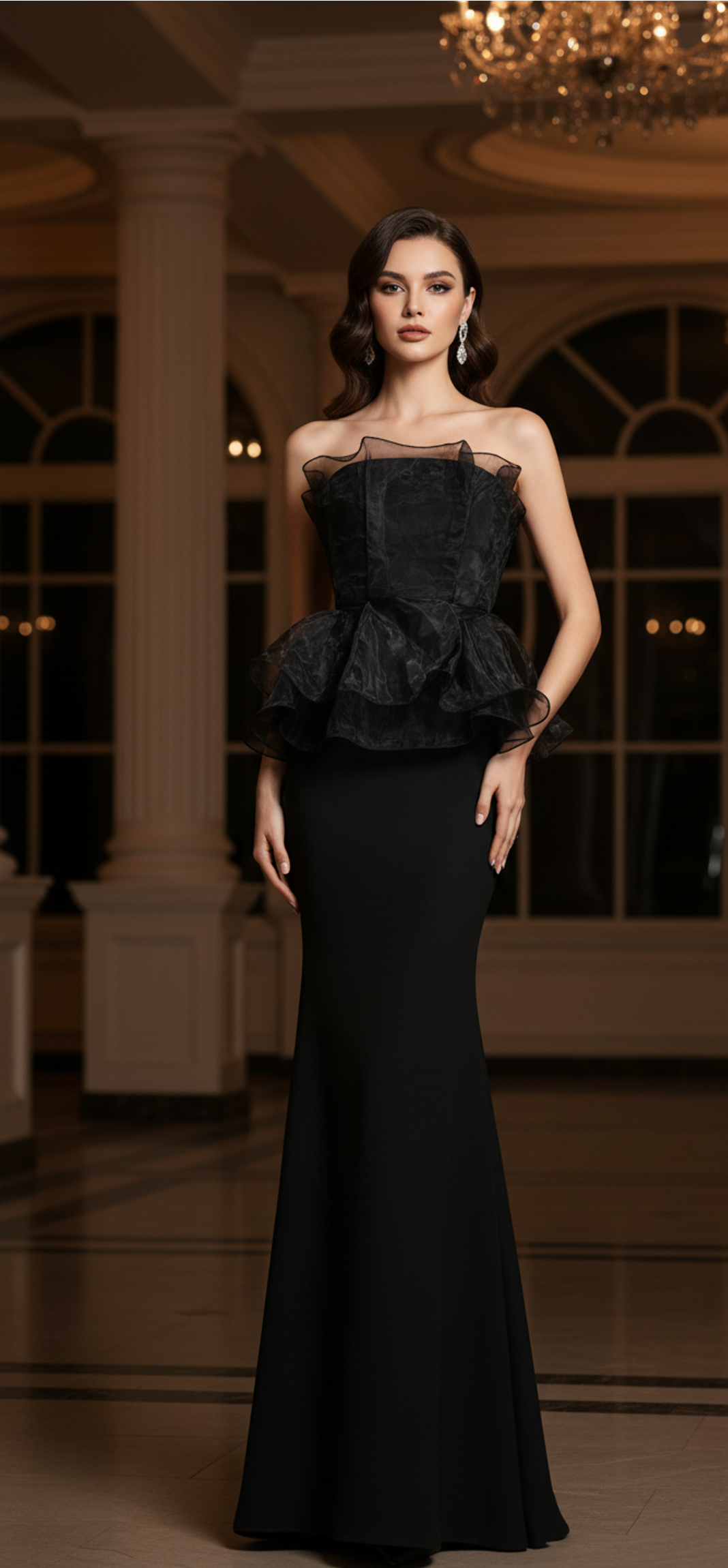 فستان حورية البحر بدون حمالات بتصميم بيبلوم مع طبقة من الأورجانزا - بيل