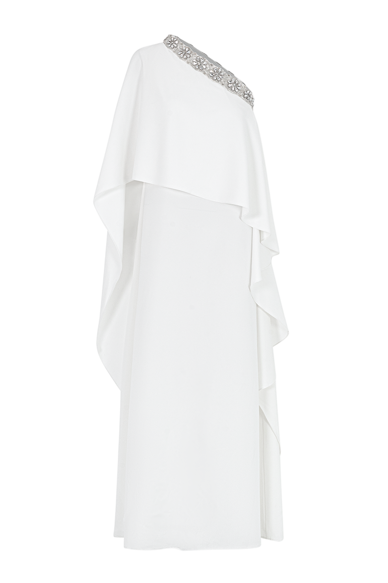 فستان كيب بكتف واحد مع رقبة مرصعة بالجواهر – عاجي