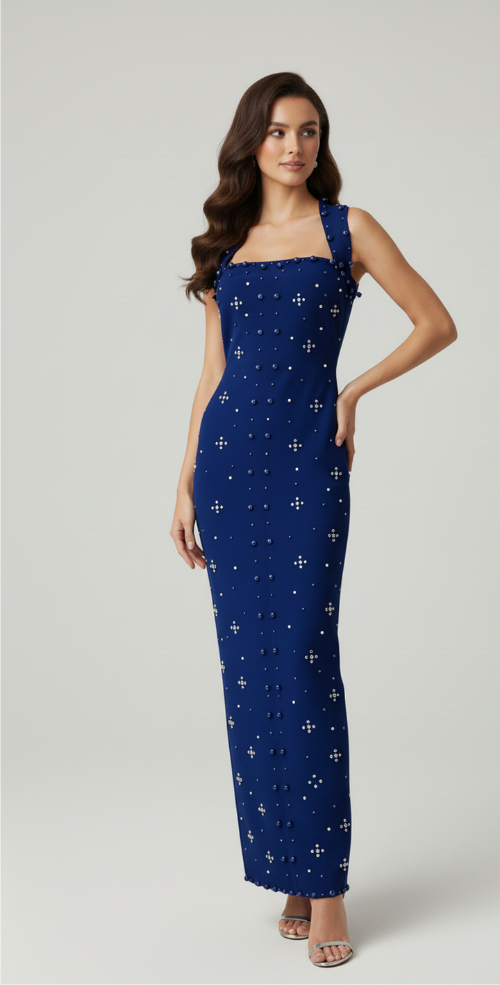 halter column dress with crystal stud detailing – FUCHSIA