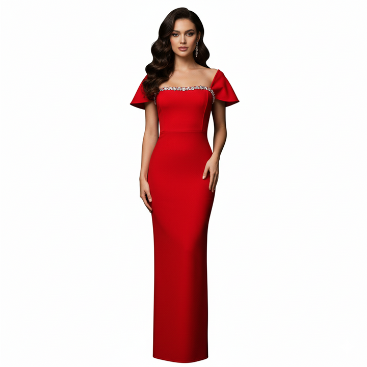 off-shoulder column dress with crystal neckline – AZURE