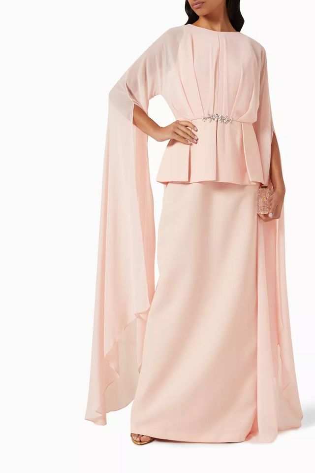 cape-sleeve embellished waist gown – NOIRH
