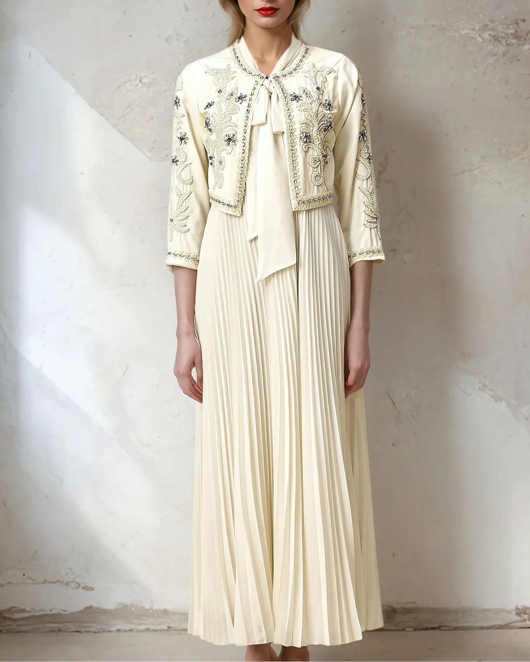 Haut à manches évasées plissées et ensemble jupe longue avec ceinture à la taille – Rosiny 