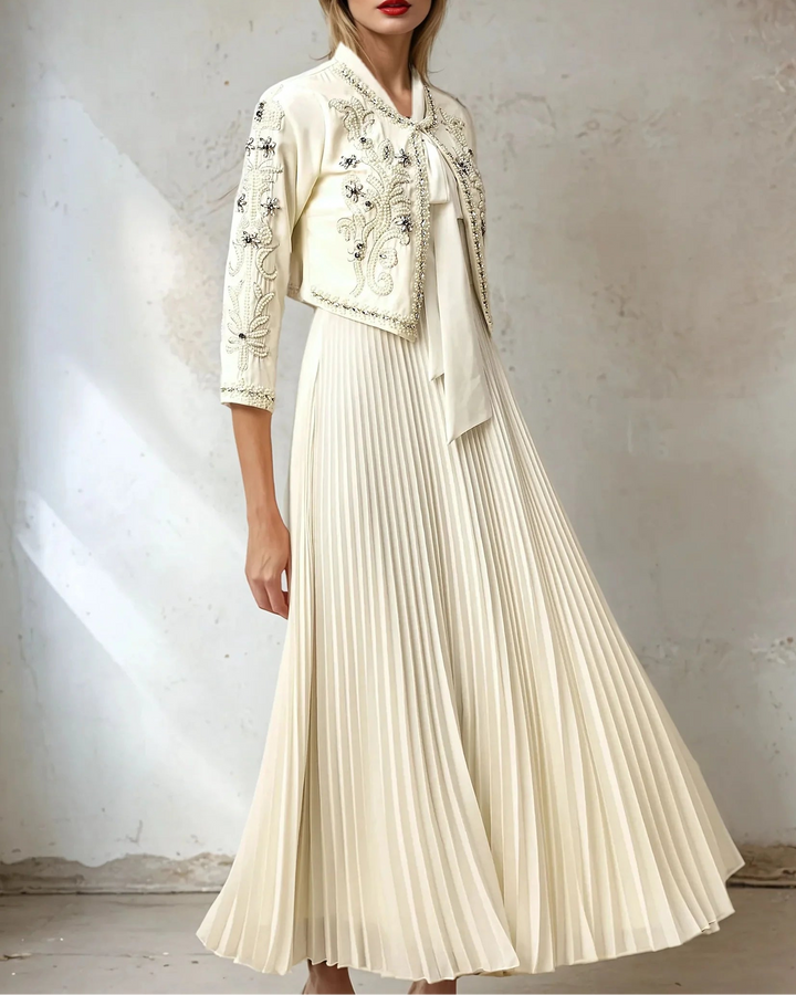 Haut à manches évasées plissées et ensemble jupe longue avec ceinture à la taille – Rosiny 