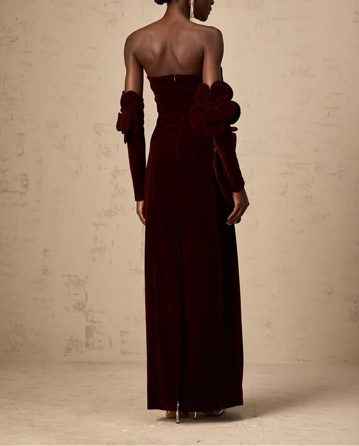 strapless velvet column dress with sculpted floral appliqué – BORDEAUX