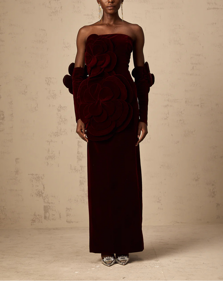 strapless velvet column dress with sculpted floral appliqué – BORDEAUX