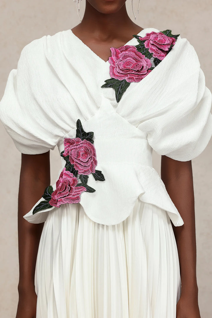 puff sleeve pleated gown with floral appliqué – ROSABELLEZ