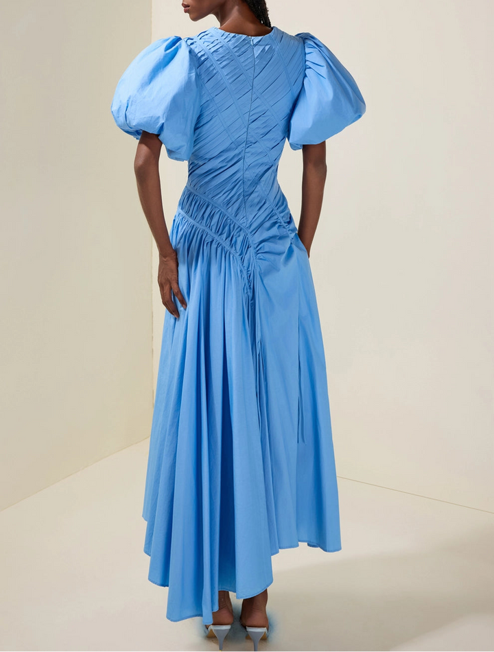 puff-sleeve midi dress with ruched drape – CARMINE**