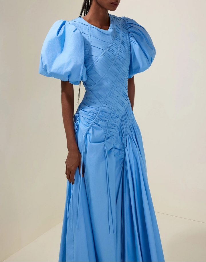 puff-sleeve midi dress with ruched drape – CARMINE**