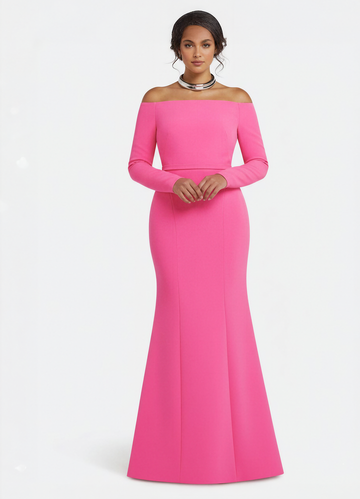 off-shoulder flared gown with long sleeves – FLAMINGO-1