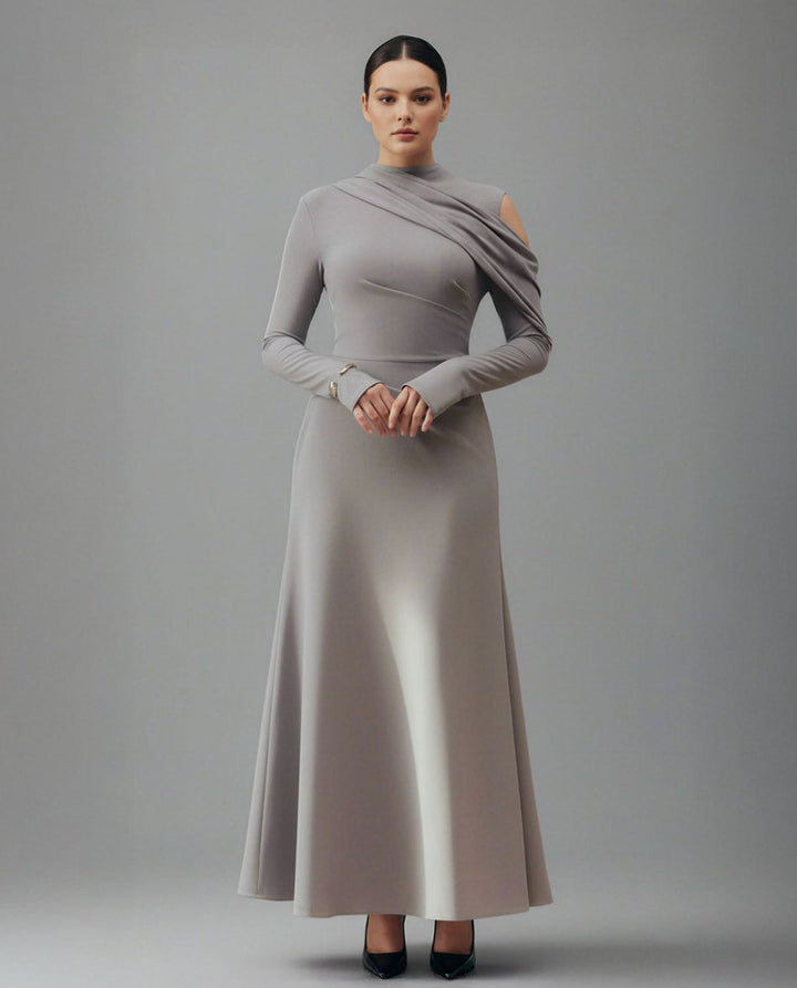 one-sleeve draped satin dress with cut-out shoulder - Magena-1