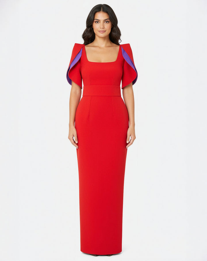 structured column gown with layered sculpted sleeves – FLAME-1