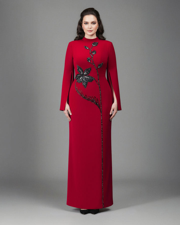 Long-sleeve column dress with floral sequin embellishment - Cecilia-1