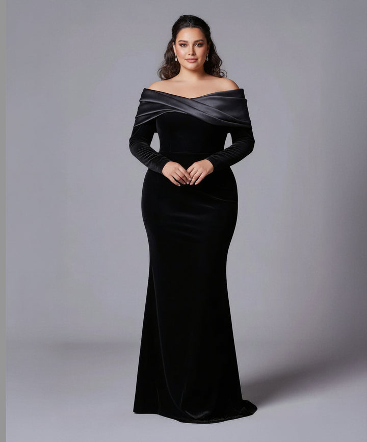 Off-shoulder velvet gown with satin drape – RobiL-1