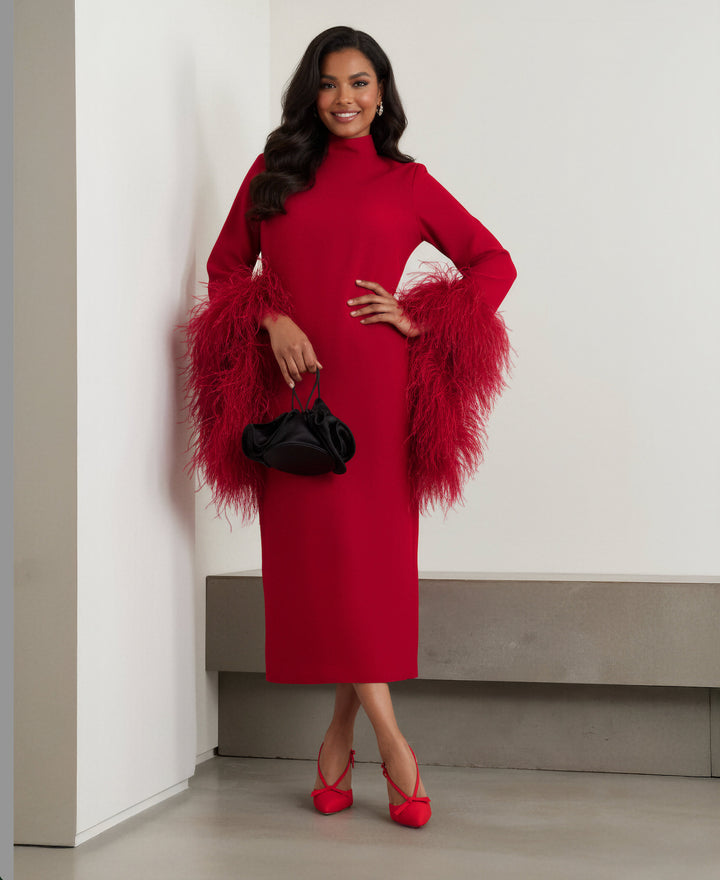 feather-trim midi dress with high neckline – Daale-1