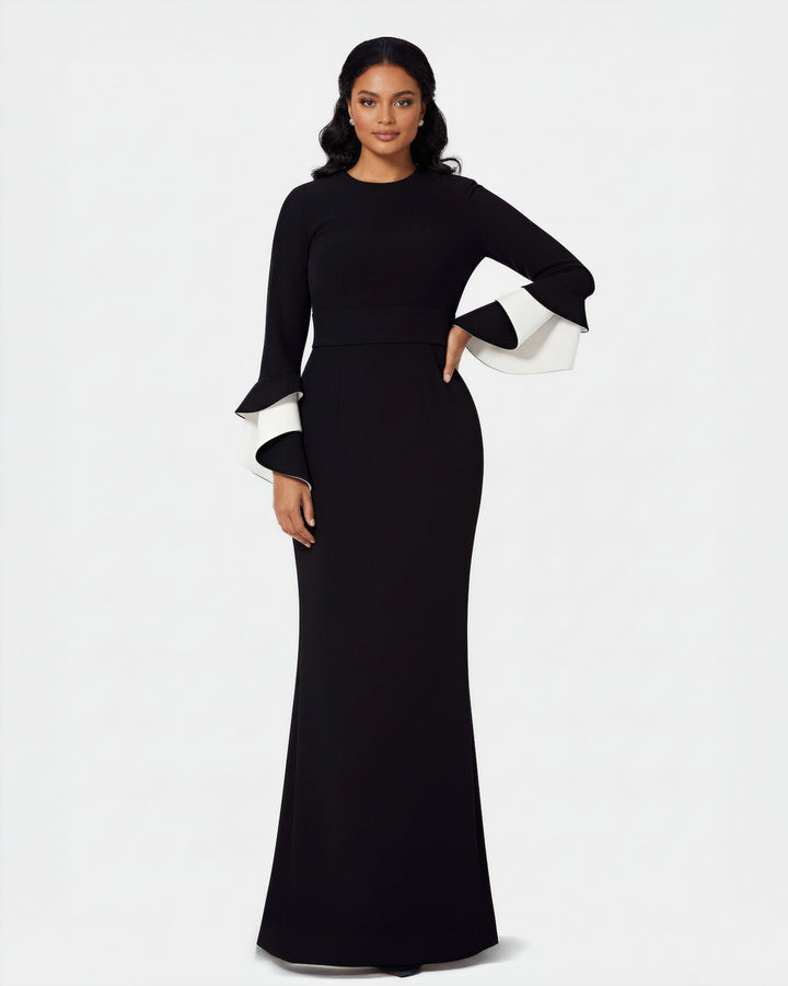 long-sleeve fishtail gown with contrast cuff flares – NOLED-1