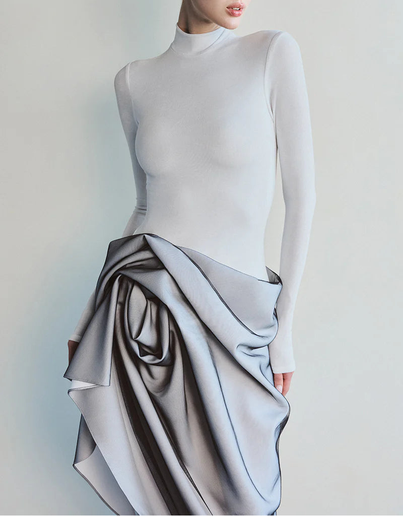 architectural draped skirt with fitted turtleneck top – SILVERE