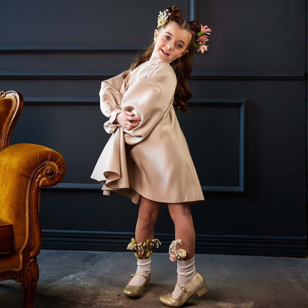 High-Neck A-Line Dress with Balloon Sleeves – PETALIA