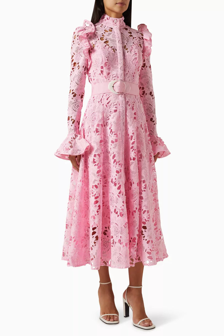 long-sleeve lace midi dress with ruffled shoulders – IVORIE