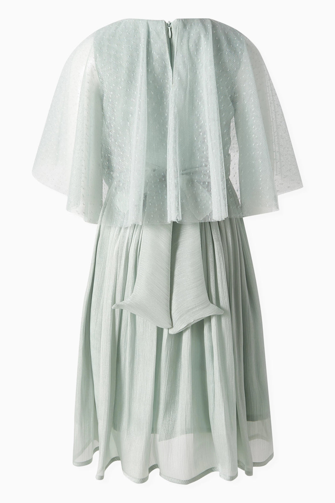 Pleated Chiffon Midi Dress with Cape Overlay & Floral Accent – MINT