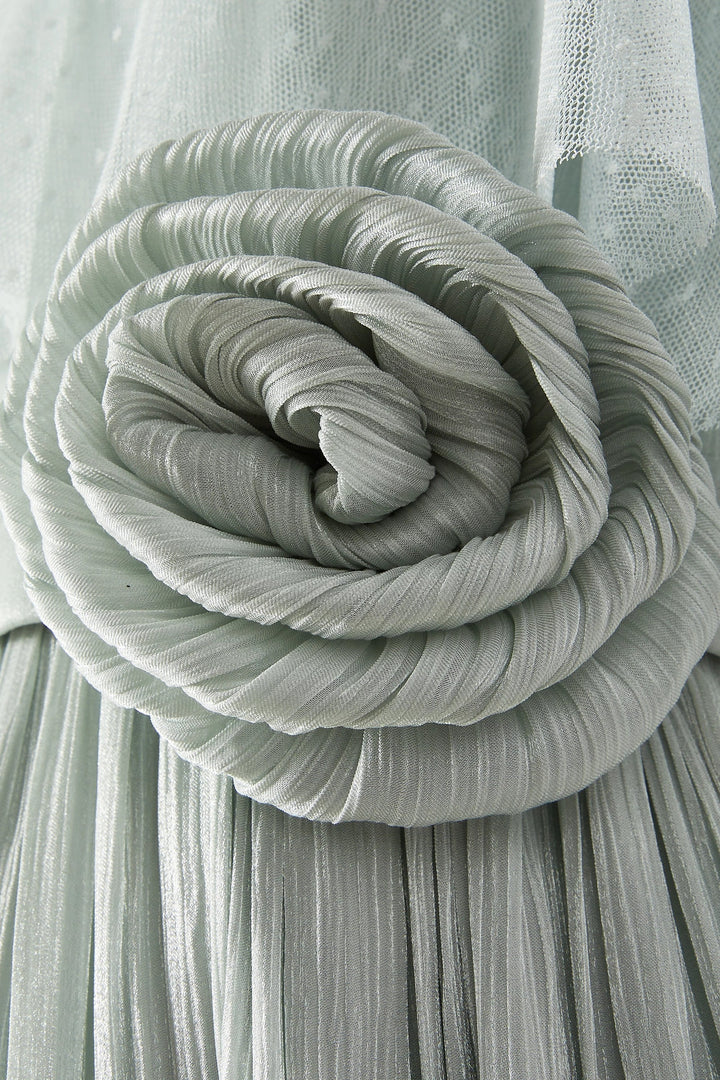 Pleated Chiffon Midi Dress with Cape Overlay & Floral Accent – MINT