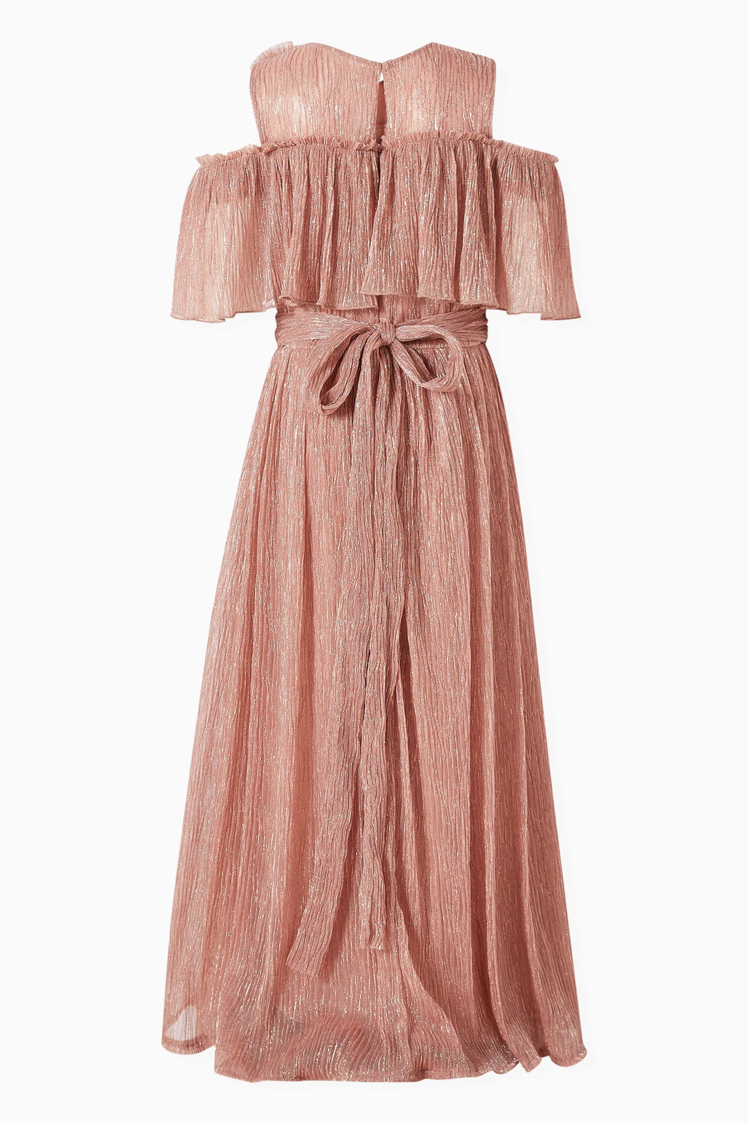 Shimmer Pleated Maxi Dress with Ruffled Overlay & Floral Accent – GLINT