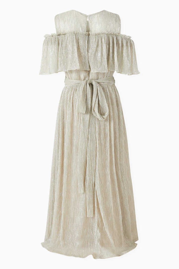 Shimmer Pleated Maxi Dress with Ruffled Overlay & Floral Accent – GLINT