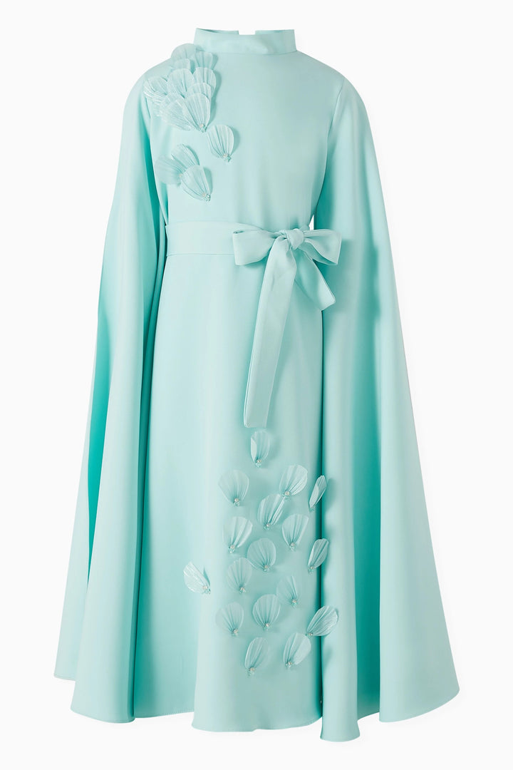 Cape Sleeve Midi Dress with Floral Appliqué – AQUA