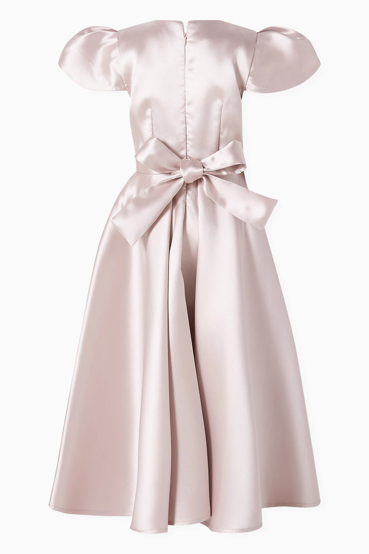 Puff Sleeve Satin Midi Dress with Floral Appliqué – GRACE