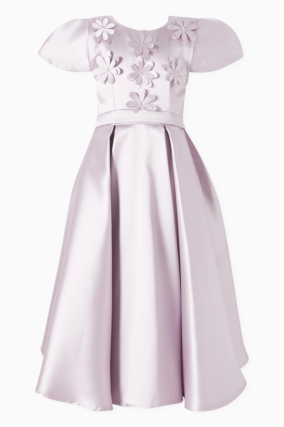 Puff Sleeve Satin Midi Dress with Floral Appliqué – GRACE
