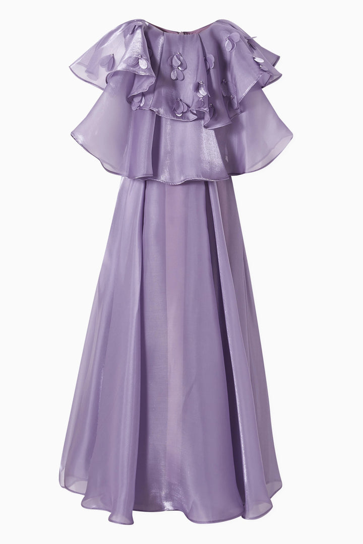 Layered Chiffon Maxi Dress with Ruffle Cape – LAVENDER