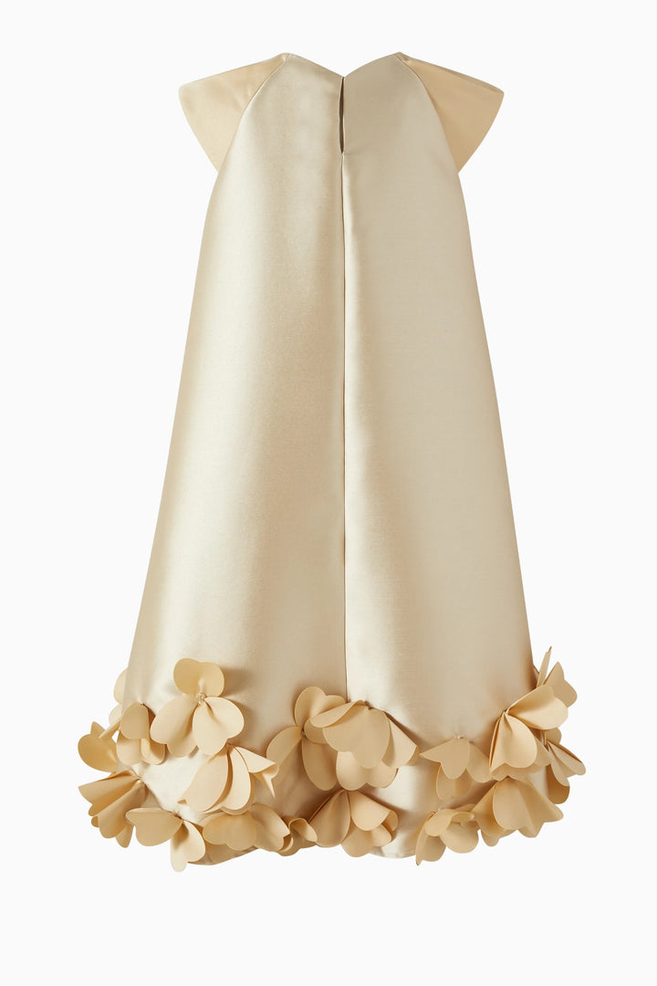 Sleeveless Satin A-Line Dress with 3D Floral Hem – GOLDEN