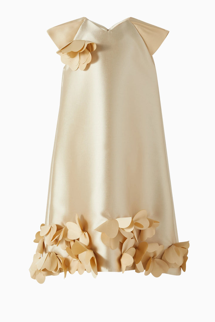 Sleeveless Satin A-Line Dress with 3D Floral Hem – GOLDEN