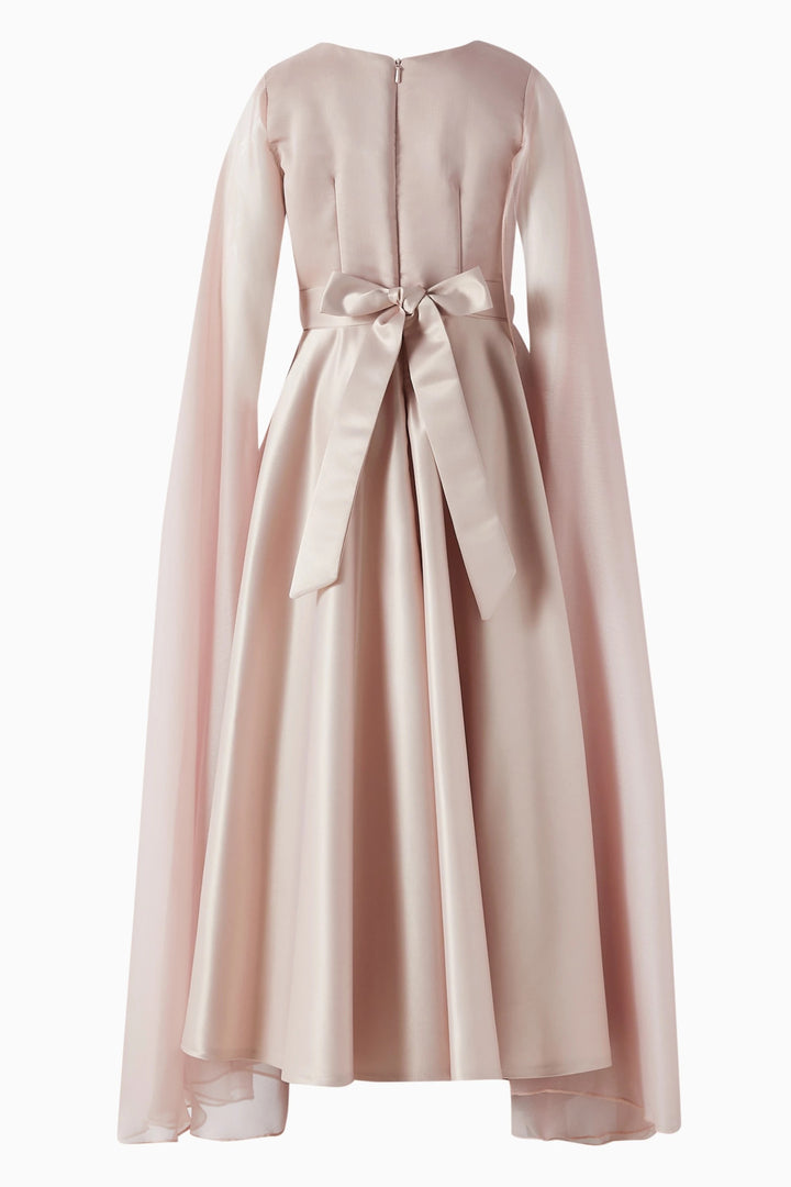 V-Neck Satin Midi Dress with Sheer Cape Sleeves – HALO