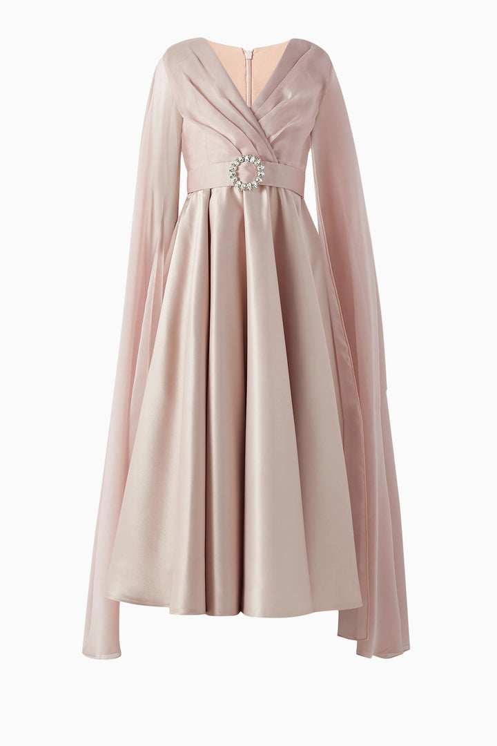 V-Neck Satin Midi Dress with Sheer Cape Sleeves – HALO