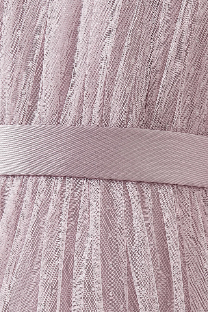 Pleated Tulle Midi Dress with Floral Sleeve Details – PETAL