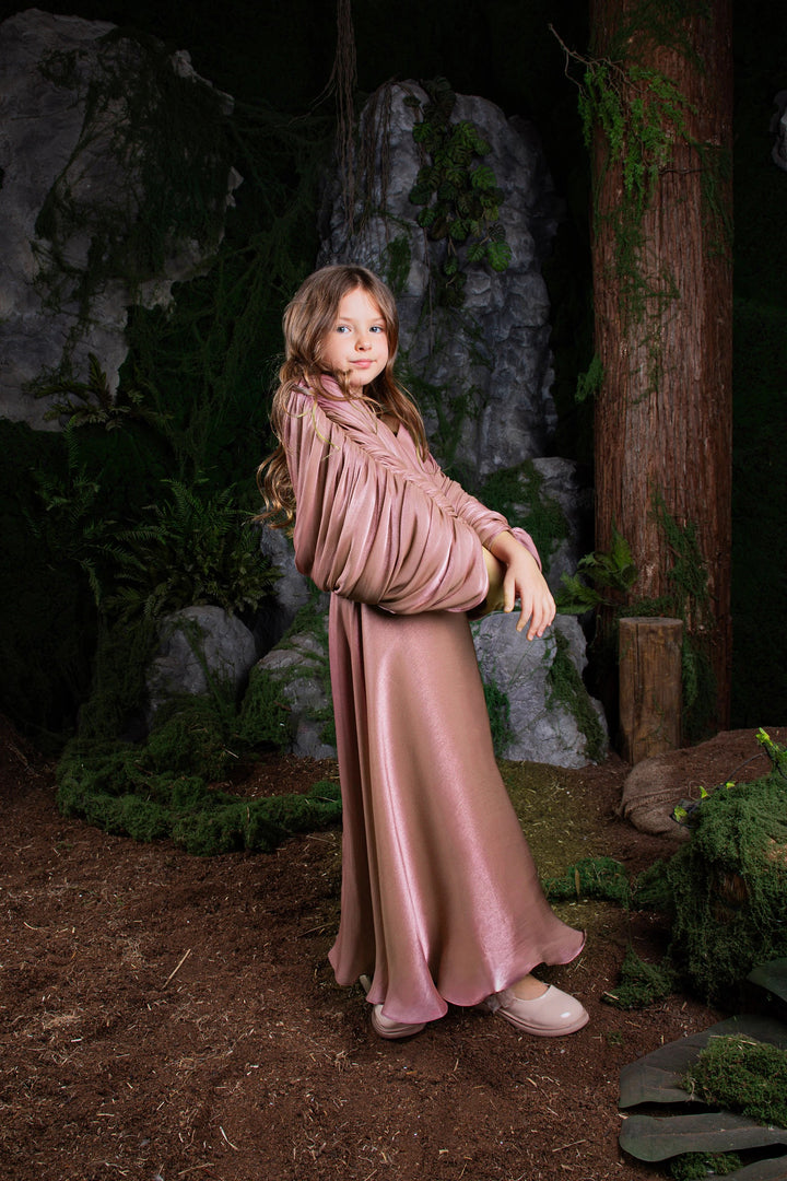 Draped Cape Maxi Dress with Soft Metallic Finish – ROSE