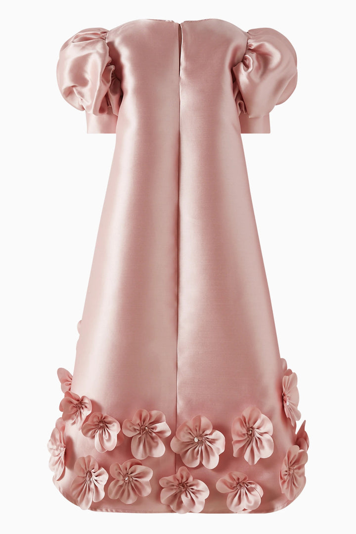 Puff Sleeve Satin Mini Dress with Floral Appliqué – BLUSH