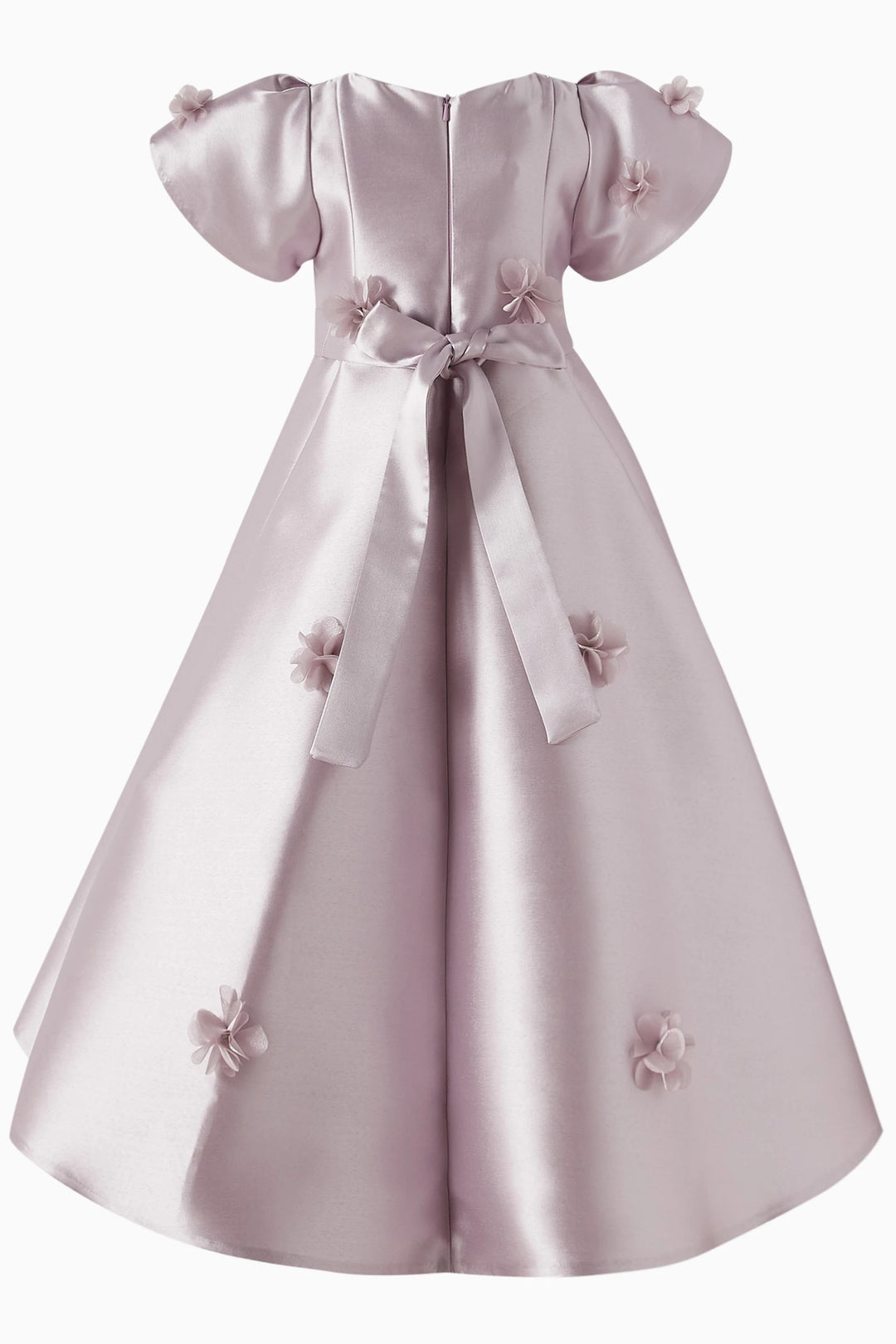 Satin High-Low Dress with 3D Floral Appliqué – LILAC