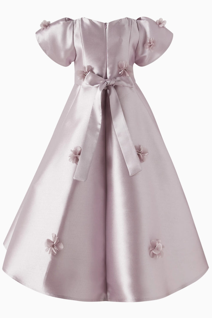 Satin High-Low Dress with 3D Floral Appliqué – LILAC