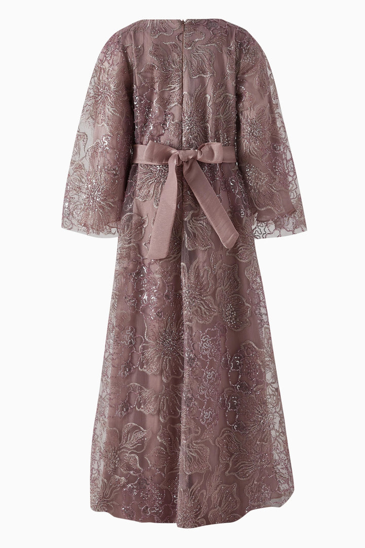 فستان ميدي من الدانتيل المطرز برباط عند الخصر - ذهبي