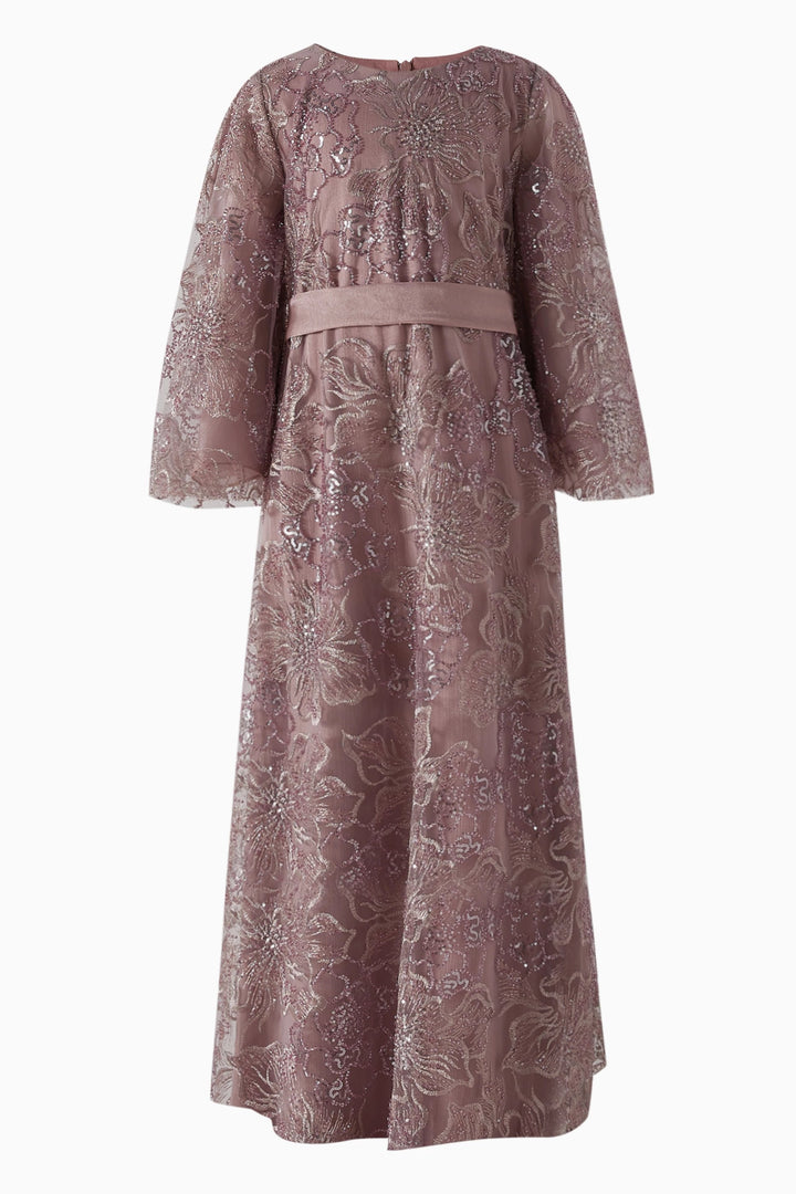 فستان ميدي من الدانتيل المطرز برباط عند الخصر - ذهبي