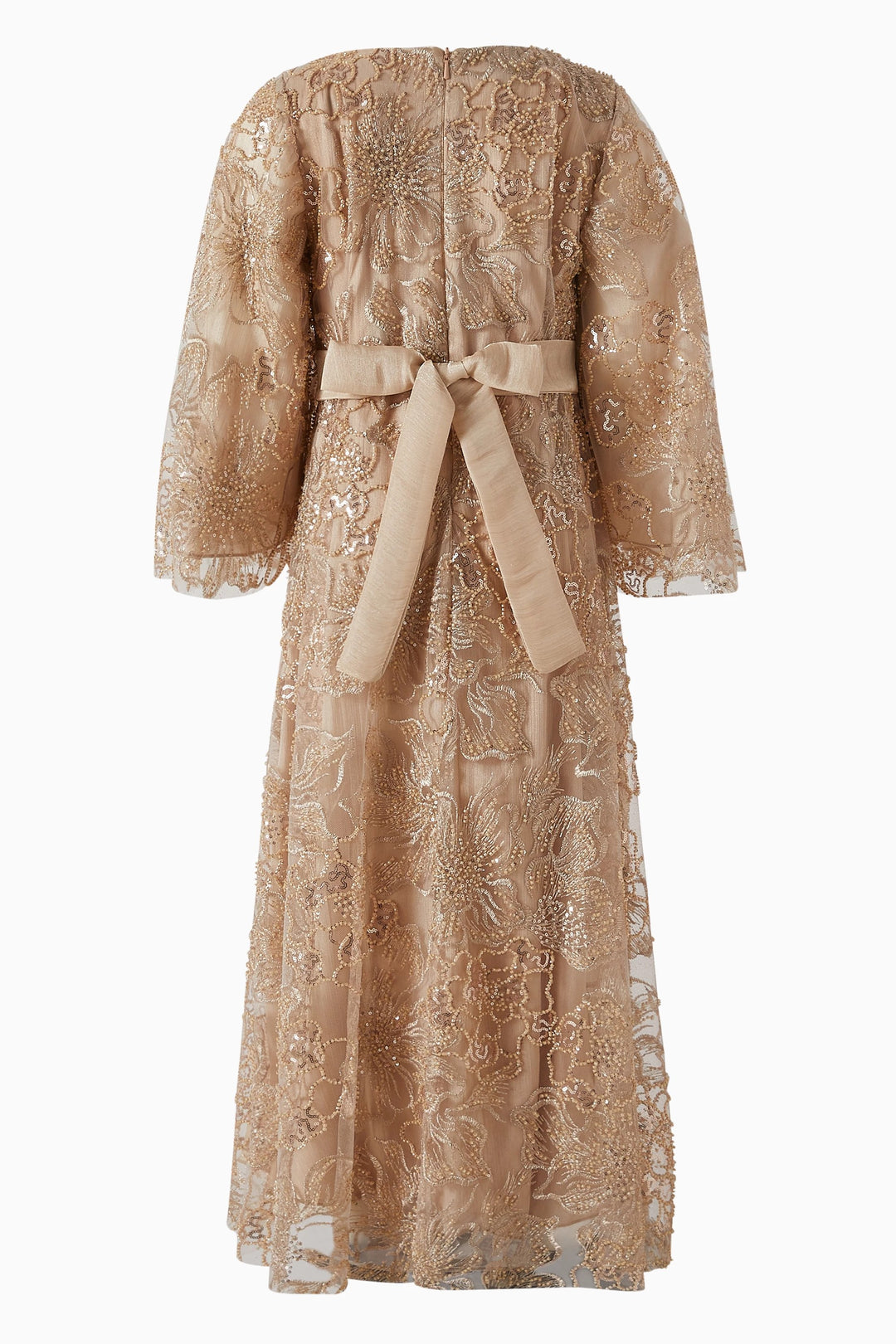 فستان ميدي من الدانتيل المطرز برباط عند الخصر - ذهبي