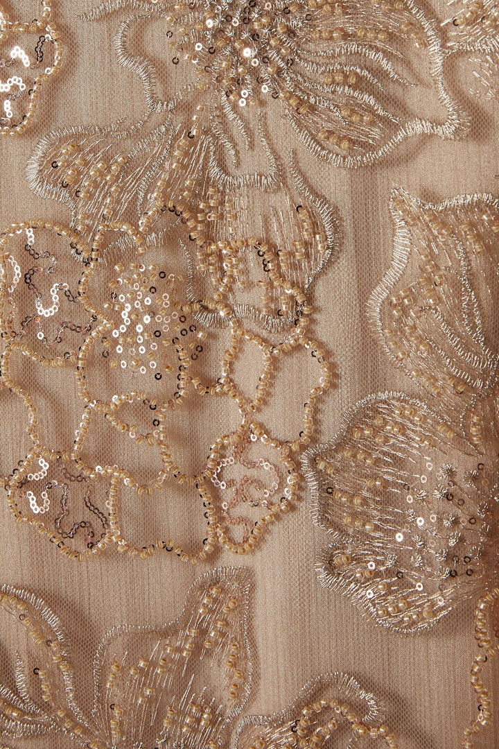 فستان ميدي من الدانتيل المطرز برباط عند الخصر - ذهبي